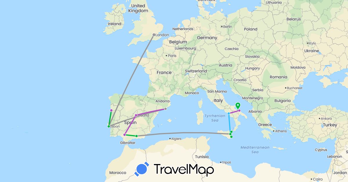 TravelMap itinerary: bus, plane, train, boat in Spain, United Kingdom, Italy, Portugal (Europe)